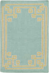Close-up of the hand woven Manitou Area Rug. Aqua wool rug with light gray and olive geometric border pattern. Design-Rectangle-23