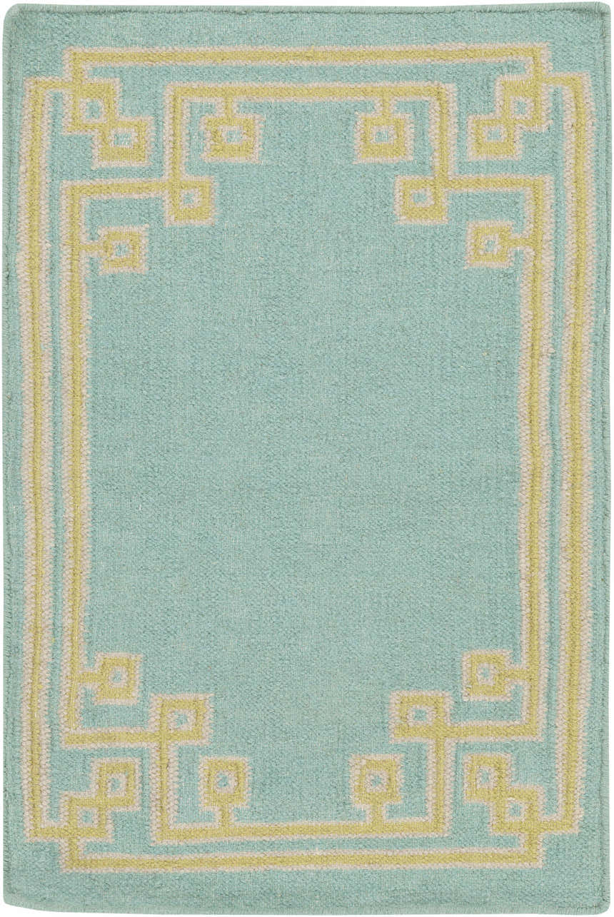 Close-up of the hand woven Manitou Area Rug. Aqua wool rug with light gray and olive geometric border pattern. Design-Rectangle-23