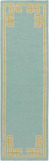 Aqua Manitou Area Rug - Clearance. Hand-woven wool runner with light olive and light gray geometric border. Design-Runner-268