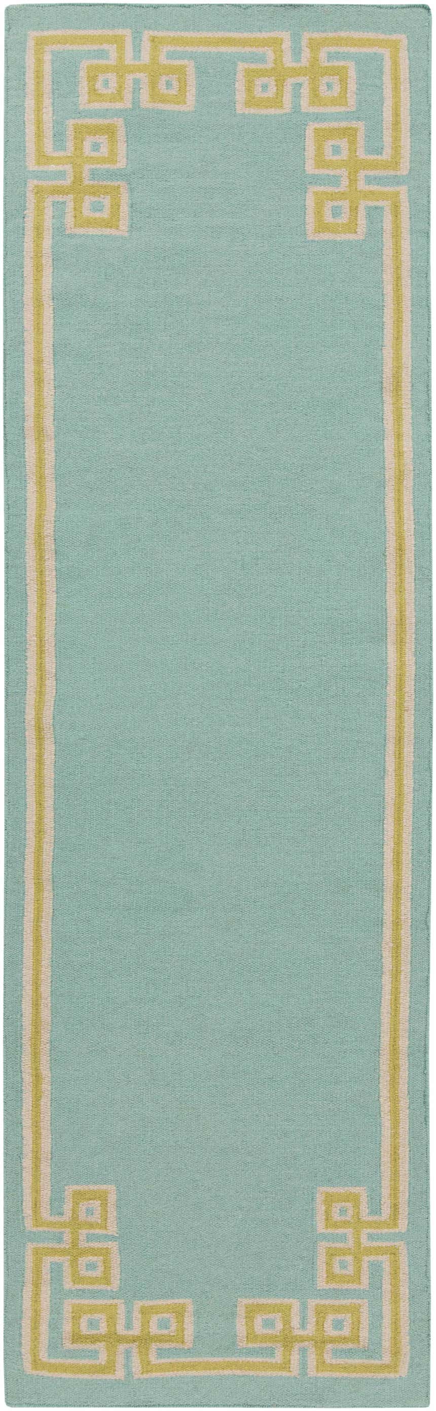 Aqua Manitou Area Rug - Clearance. Hand-woven wool runner with light olive and light gray geometric border. Design-Runner-268