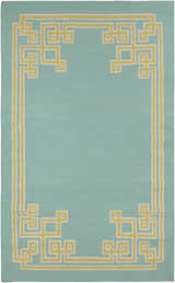Close-up of the Manitou Area Rug. Aqua wool rug with light olive geometric border and light gray accent. Design-Rectangle-58