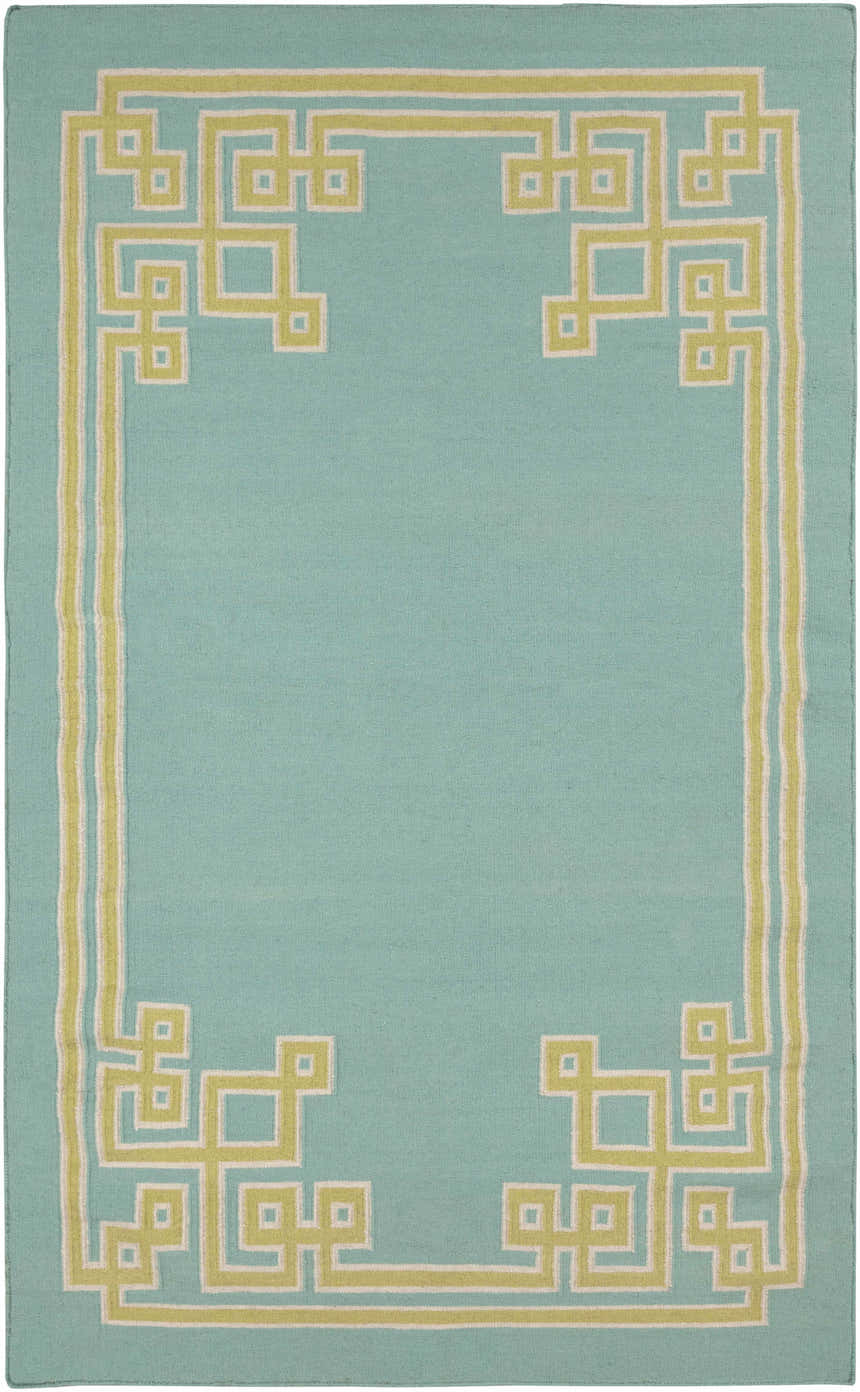 Close-up of the Manitou Area Rug. Aqua wool rug with light olive geometric border and light gray accent. Design-Rectangle-58