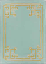 Close-up of the Manitou Area Rug. Aqua rug with a light olive Greek key pattern border, hand woven wool. Design-Rectangle-811