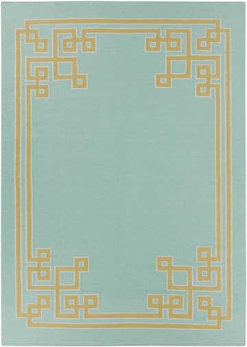 Close-up of the Manitou Area Rug. Aqua rug with a light olive Greek key pattern border, hand woven wool. Design-Rectangle-811