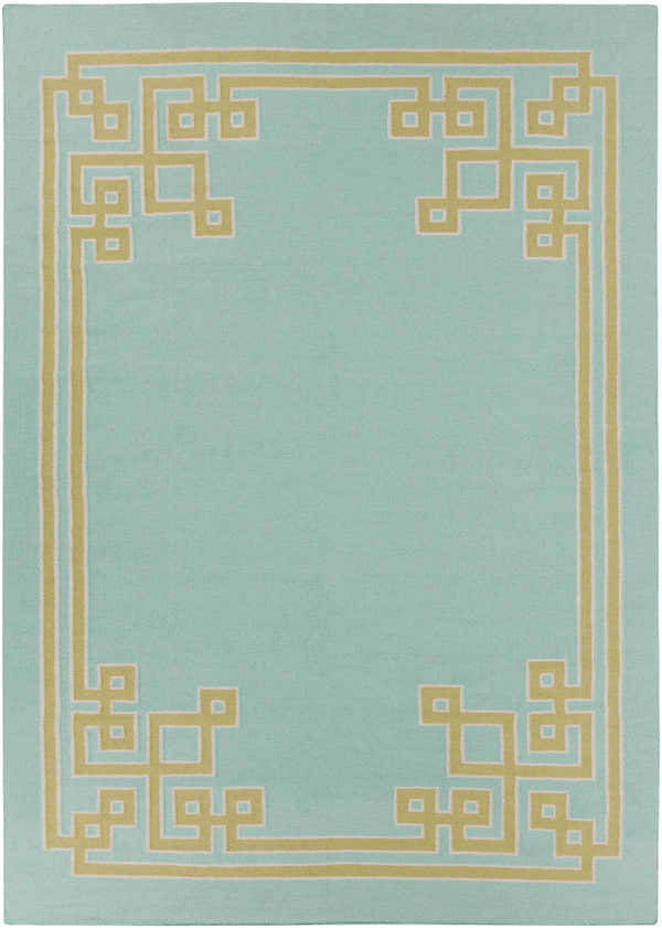 Close-up of the Manitou Area Rug. Aqua rug with a light olive Greek key pattern border, hand woven wool. Design-Rectangle-811