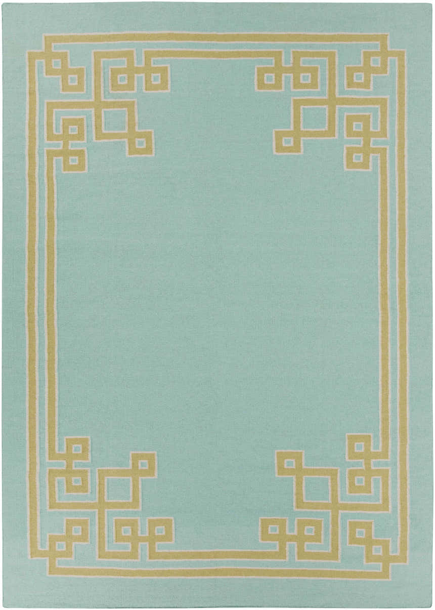 Close-up of the Manitou Area Rug. Aqua rug with a light olive Greek key pattern border, hand woven wool. Design-Rectangle-811