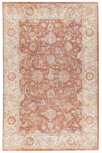 Close-up of the Maniwaki Area Rug. Brick red rug with traditional floral pattern and light beige border. Design-Rectangle-6796