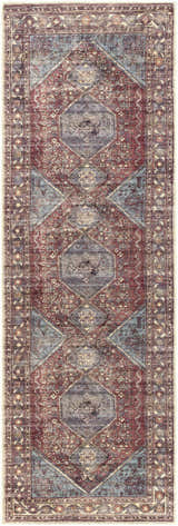 Detailed runner rug featuring the Maplesville Washable Area Rug. Traditional diamond and floral pattern in beige, dark pink, and teal. Design-Runner-27710
