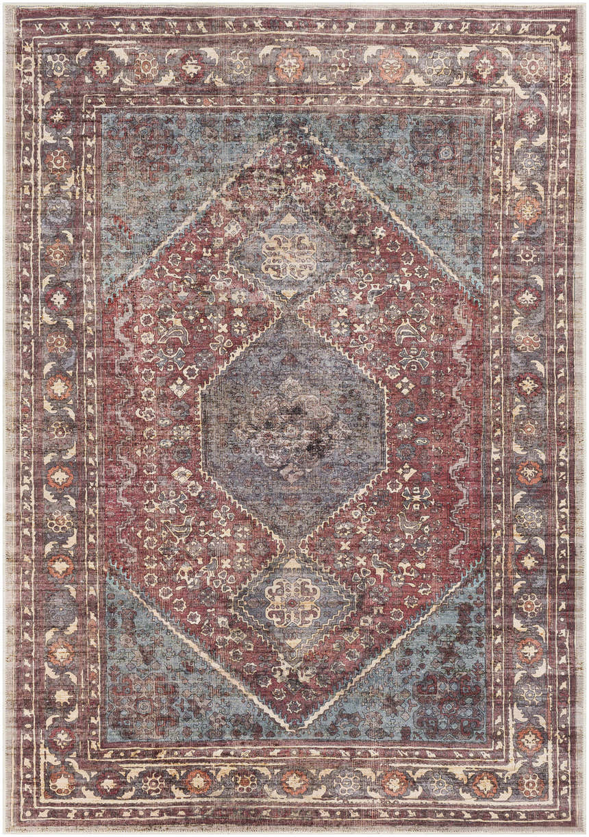 Detailed close-up of the Maplesville Washable Area Rug. Features a traditional design in beige, dark pink, teal, and rust tones. Design-Rectangle-5373
