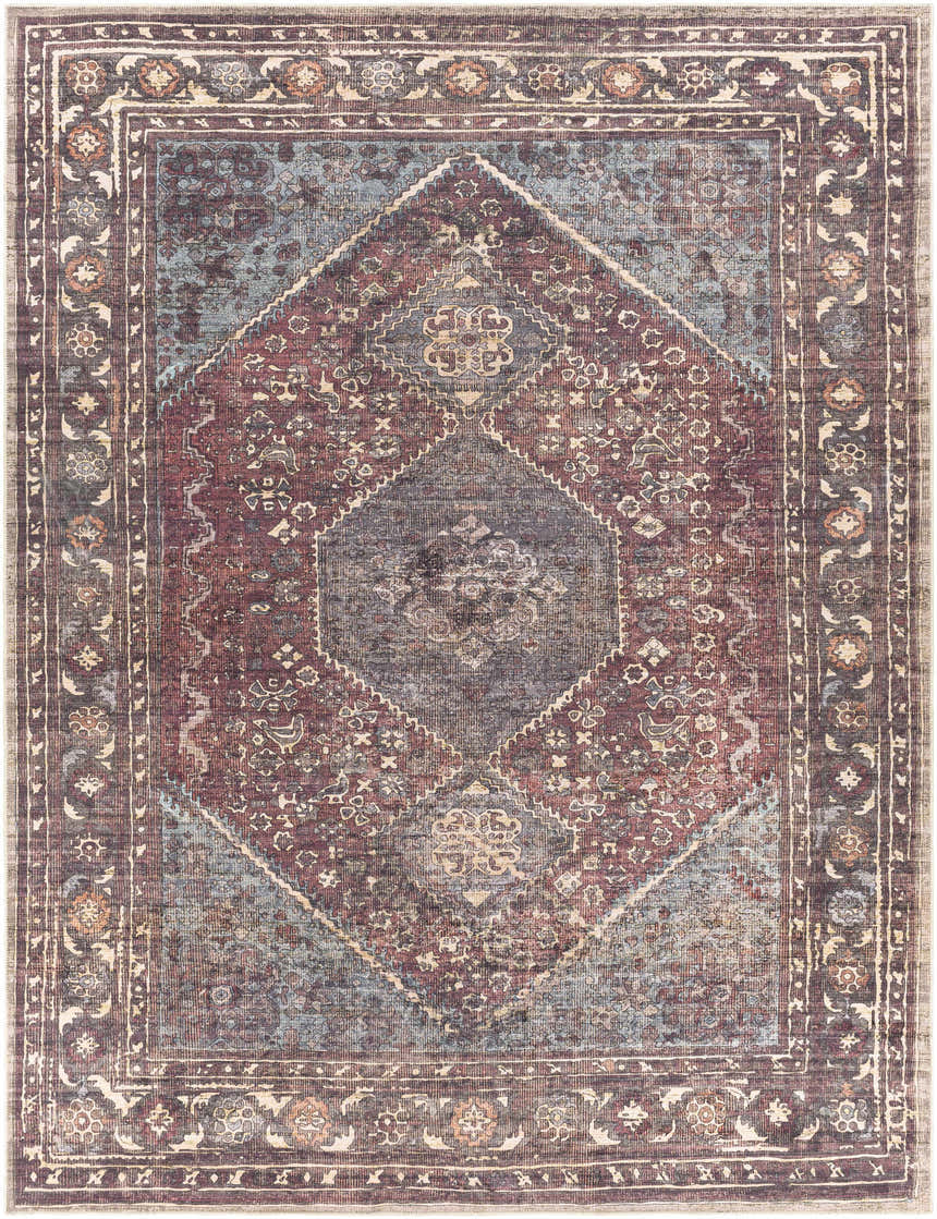 Close-up of the Maplesville Washable Area Rug. Features a traditional floral pattern in beige, dark pink, and teal hues. Design-Rectangle-710103