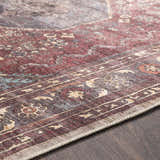 Close-up of the beige and rust Maplesville Washable Area Rug showing its traditional, machine-woven design and polyester texture. Texture