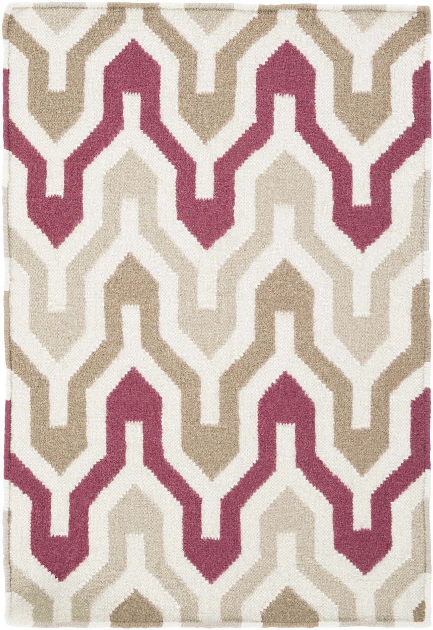 Close-up of the Markesan Wool Area Rug. Geometric pattern in dark red, ivory, and medium brown hues. Hand woven texture. Design-Rectangle-23