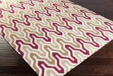 Close-up of Markesan Wool Area Rug. Dark red, ivory, and brown geometric pattern. Hand woven texture. Corner