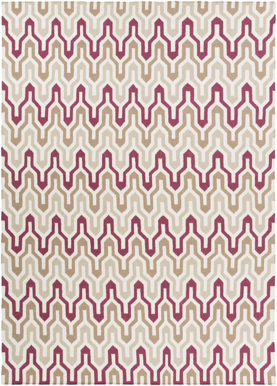 Close-up of the hand woven Markesan Wool Area Rug. Features a geometric pattern in dark red, ivory, and medium brown. Design-Rectangle-811