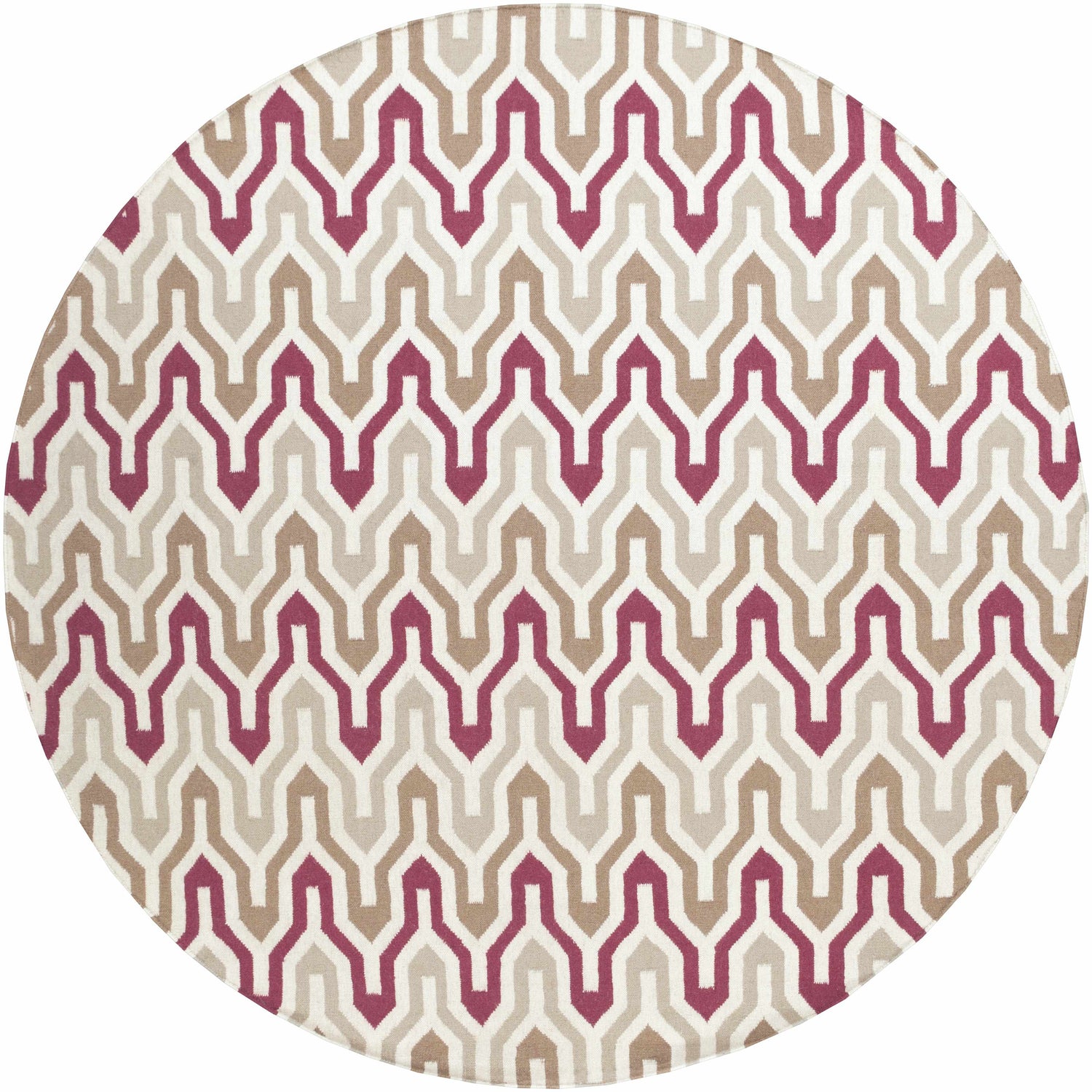 Close-up of the round Markesan Wool Area Rug. Features a geometric pattern in dark red, dusty sage, and ivory. Design-Round