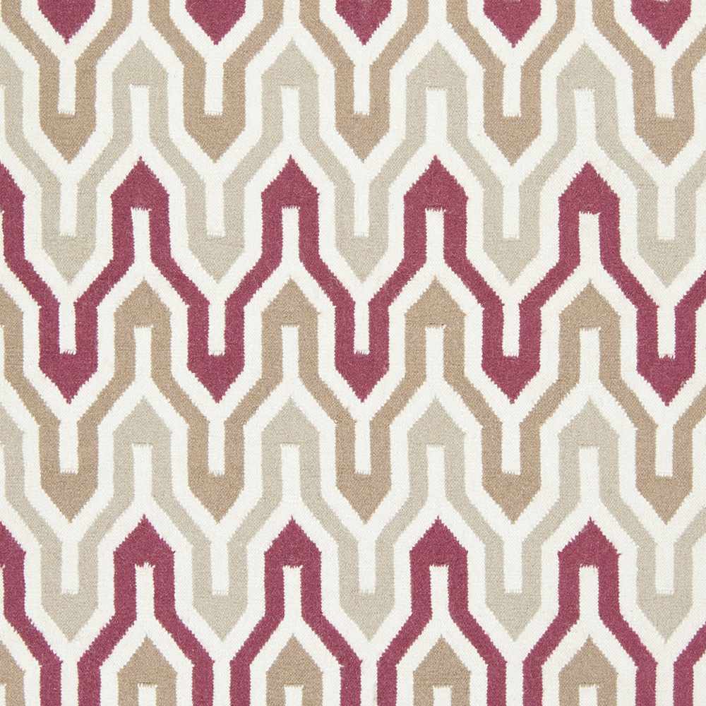 Close-up of the Markesan Wool Area Rug. Geometric design in dark red, ivory, and brown. Hand woven texture. Swatch