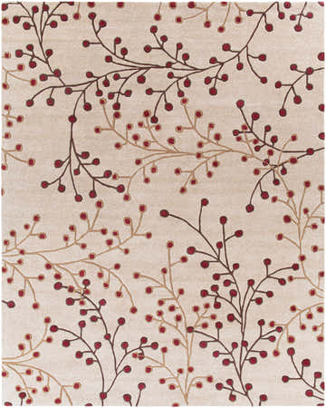 Close-up of Elsu Beige & Burgundy rug. Hand-woven wool rug with a floral pattern of burgundy berries and brown branches on a tan background. Design-Rectangle-7696
