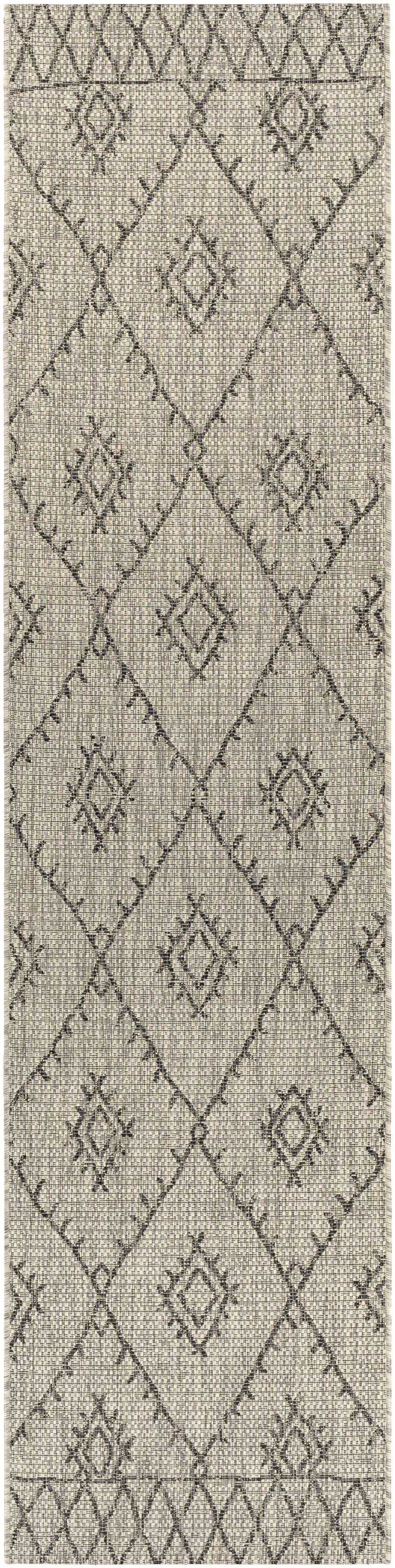 Close-up of the Marwood Nordic Performance Rug. Bohemian diamond pattern in black, charcoal, taupe, and white. Design-Runner-2710