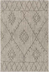 Close-up of the Marwood Nordic Performance Rug, featuring a geometric diamond pattern in black, charcoal, taupe, and white. Design-Rectangle-5376