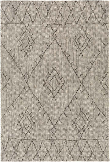 Close-up of the Marwood Nordic Performance Rug, featuring a geometric diamond pattern in black, charcoal, taupe, and white. Design-Rectangle-5376