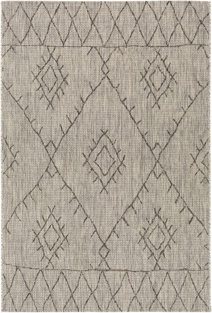 Close-up of the Marwood Nordic Performance Rug, featuring a geometric diamond pattern in black, charcoal, taupe, and white. Design-Rectangle-5376