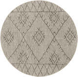 Round Marwood Nordic Performance Rug with a geometric diamond pattern in black, charcoal, taupe, and white. Design-Round-67