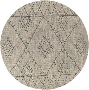 Close-up of a round Marwood Nordic Performance Rug with a black geometric diamond pattern on a taupe background. Design-Round-710