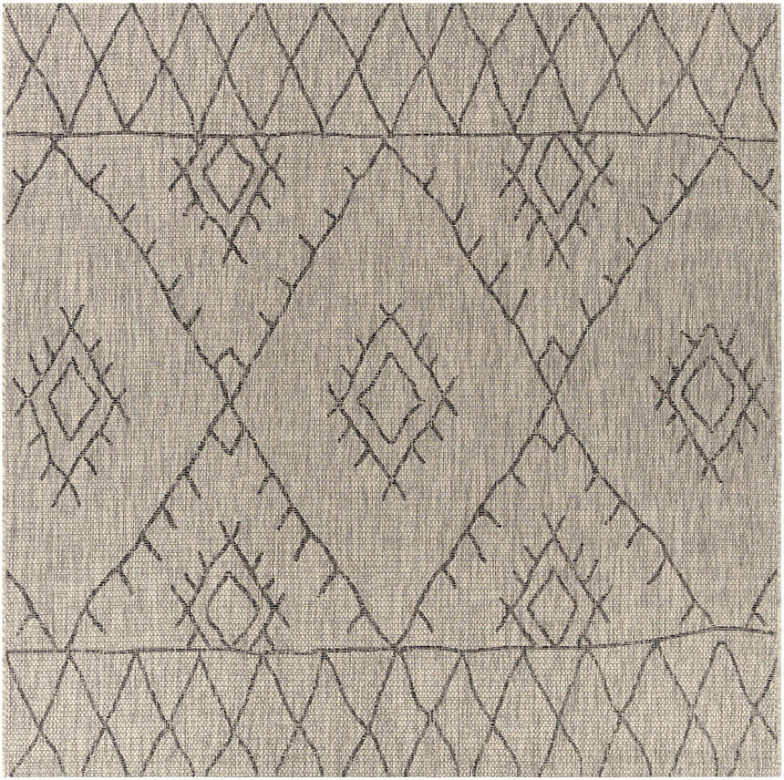 Close up of the Marwood Nordic Performance Rug. Bohemian diamond pattern in charcoal, taupe, and white. Design-Square-710