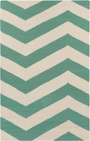 Close-up of the Masontown Area Rug. Ivory and sage green wool rug with a bold chevron pattern. Design-Rectangle-58