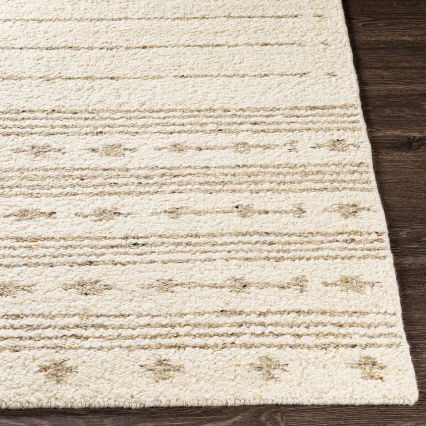 Close-up of a hand-woven Matawan Premium Wool Rug. Cream rug with brown stripes and geometric shapes. Wool texture. Front