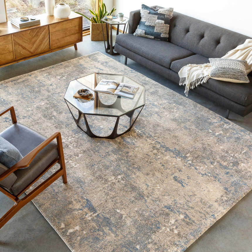 Living room with gray sofa and the Matewan Thick Luxe Rug in blue, denim, and ivory. Roomscene-Rectangle