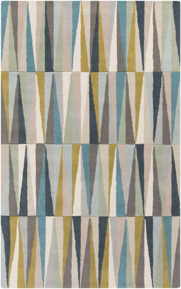 Close-up of the Mathiston Geometric Triangles Wool Rug. Features beige, blue, charcoal, and mustard triangle design. Design-Rectangle-58