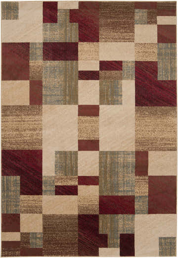 Close-up of Maumee Brown Mosaic Performance Rug. Geometric pattern in brown, red, beige, and gray tones. Contemporary style. Design-Rectangle-5376