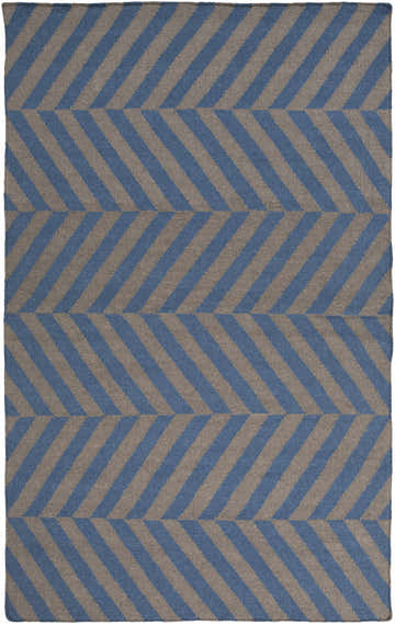 Close-up of the hand woven Mauckport Area Rug. Charcoal and dark blue stripes create a contemporary chevron pattern. Design-Rectangle-58