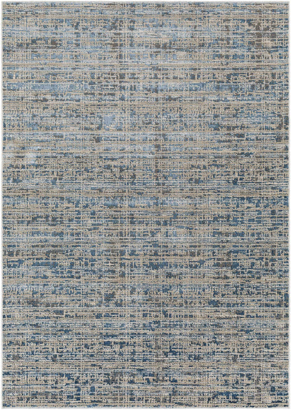 Close-up of the Maungatapere Area Rug, a contemporary rug in cream, gray, beige, taupe, and teal with a textured, woven design. Design-Rectangle-5373