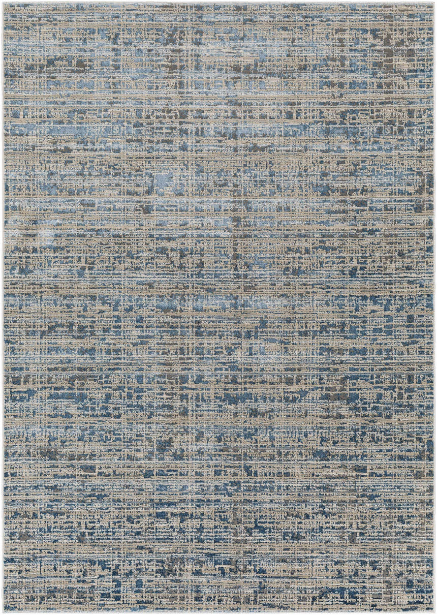 Close-up of the Maungatapere Area Rug, a contemporary rug in cream, gray, beige, taupe, and teal with a textured, woven design. Design-Rectangle-5373