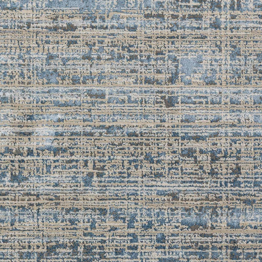 Close-up of the Maungatapere Area Rug, featuring a contemporary abstract pattern in cream, gray, beige, taupe, and teal. Swatch