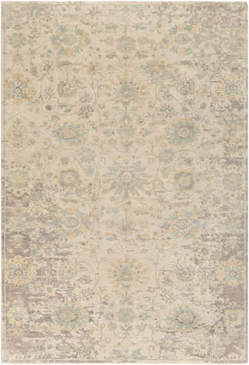 Hand-knotted Maybee Area Rug in lavender, light sage, teal, and wheat. Wool rug with a traditional oriental pattern. Design-Rectangle-69