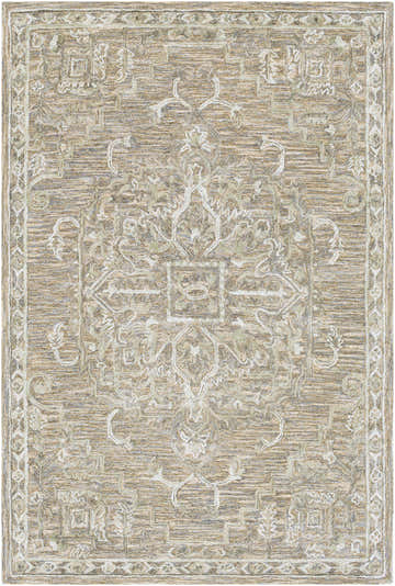 Detailed Maysville Wool & Faux Silk Rug. Bohemian style rug with light sage, medium brown, and sky blue colors. Hand tufted texture. Design-Rectangle-576