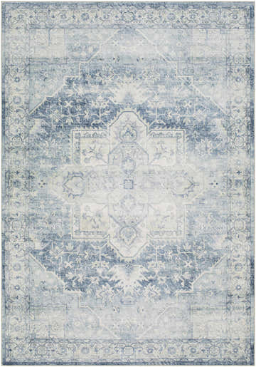 Detailed view of the Mauro Navy Medallion Washable Area Rug, featuring a traditional light gray and slate blue pattern. Design-Rectangle-576