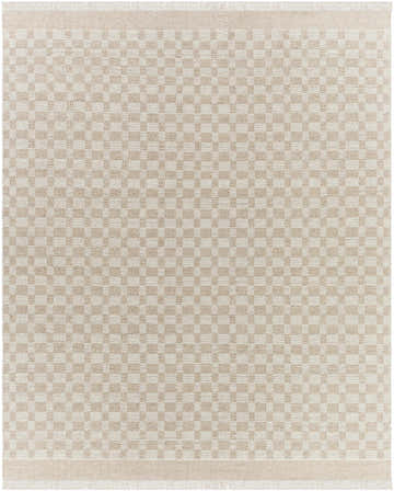 Close-up of the hand woven Meira Tan Area Rug. Ivory and tan checkerboard pattern with fringe. Design-Rectangle-810