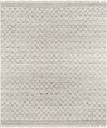 Close-up of the Meira Medium Gray Area Rug, a hand-woven wool rug with a subtle gray and ivory checkered pattern and fringed edges. Design-Rectangle-810