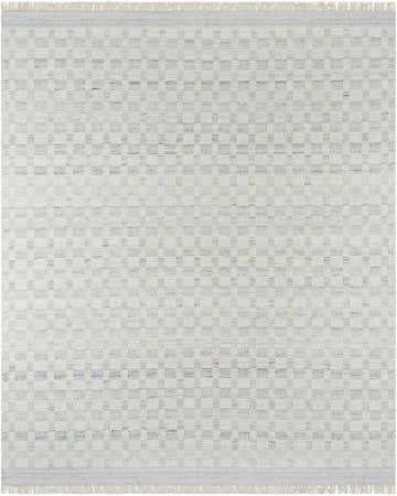 Close-up of the Meira Cream Area Rug. Hand-woven wool rug with a light slate and cream checkered pattern and fringed edges. Design-Rectangle-810