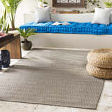 Relaxing sunroom with taupe Mcdonough Area Rug, blue cushions, woven poufs, and potted plants. Roomscene-Rectangle