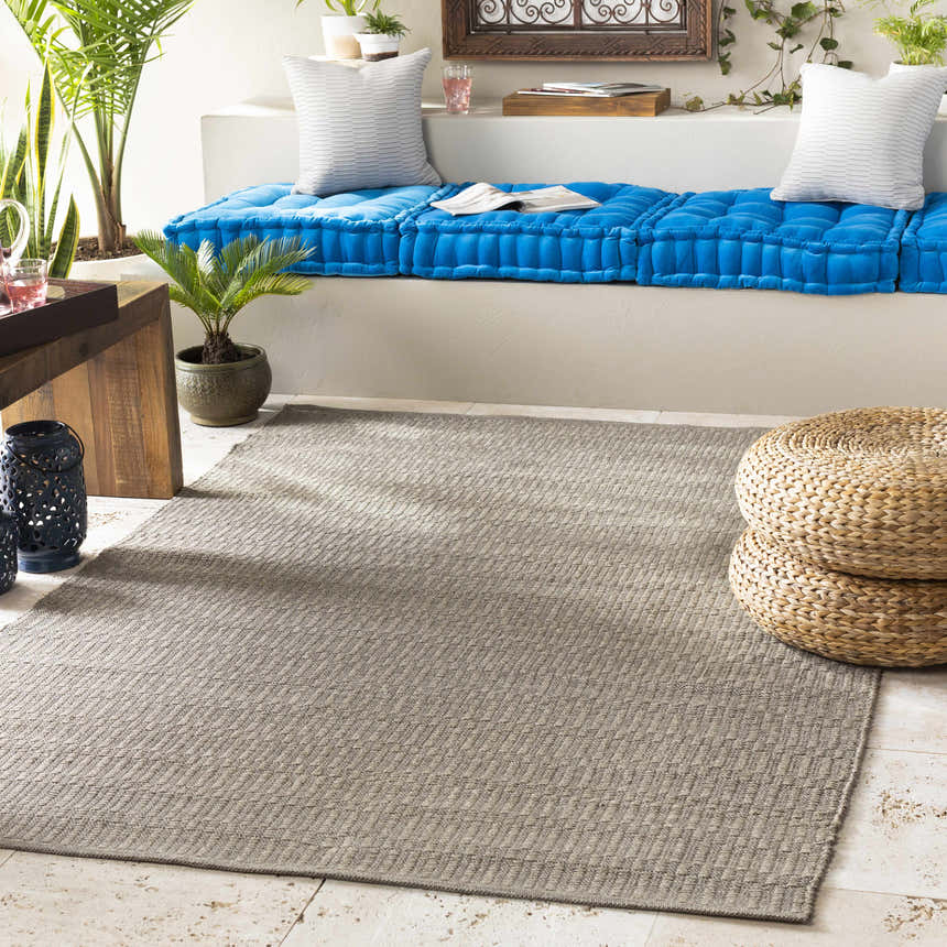 Relaxing sunroom with taupe Mcdonough Area Rug, blue cushions, woven poufs, and potted plants. Roomscene-Rectangle