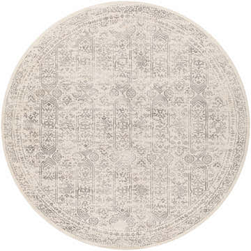 Close-up of a round Michie Area Rug. Cream and gray traditional design, machine woven polypropylene rug. Design-Round-67