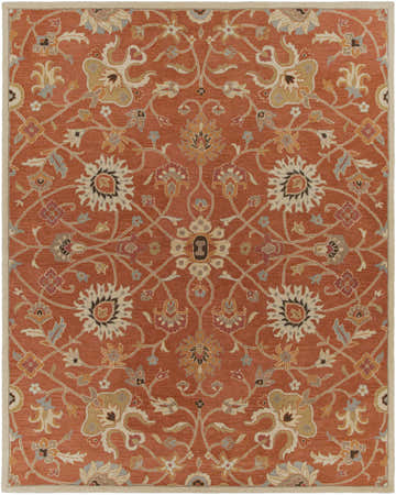 Close-up of the Logville Hand Tufted Rust 1119 Wool Rug. Features a traditional floral pattern in rust, cream, and blue tones. Design-Rectangle-7696