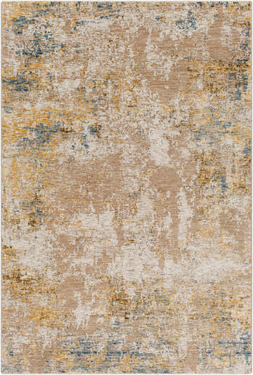 Close-up of Meads Abstract Mustard Luxe Rug. Contemporary design with cream, denim, and mustard hues. 100% Polyester. Design-Rectangle-575