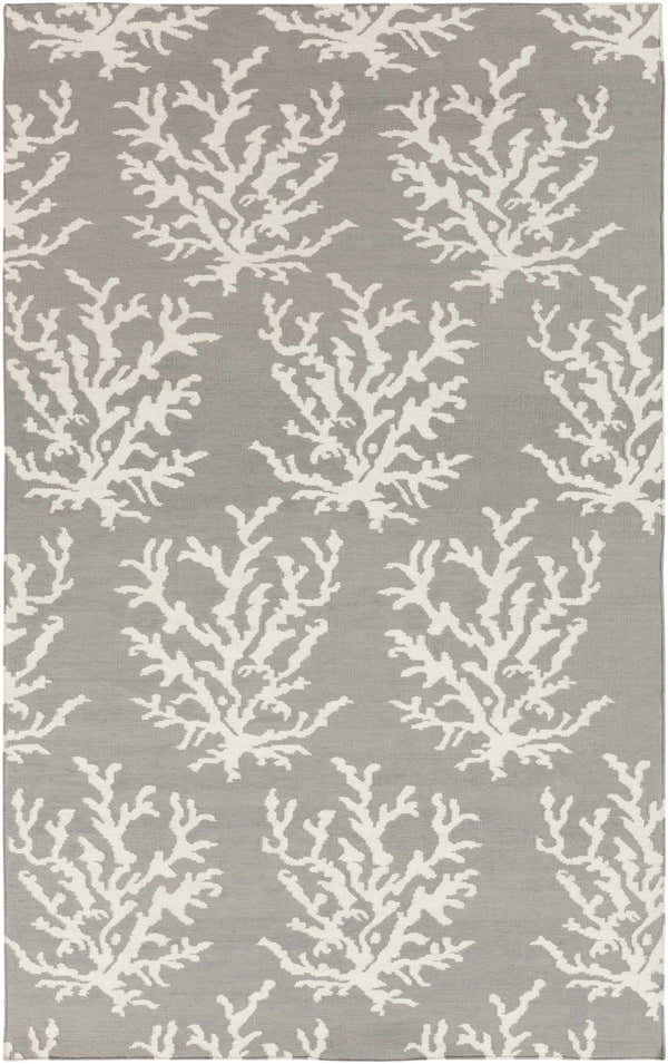 Close up of the Merchantville Area Rug featuring an ivory coral pattern on a light gray wool background. Design-Rectangle-58