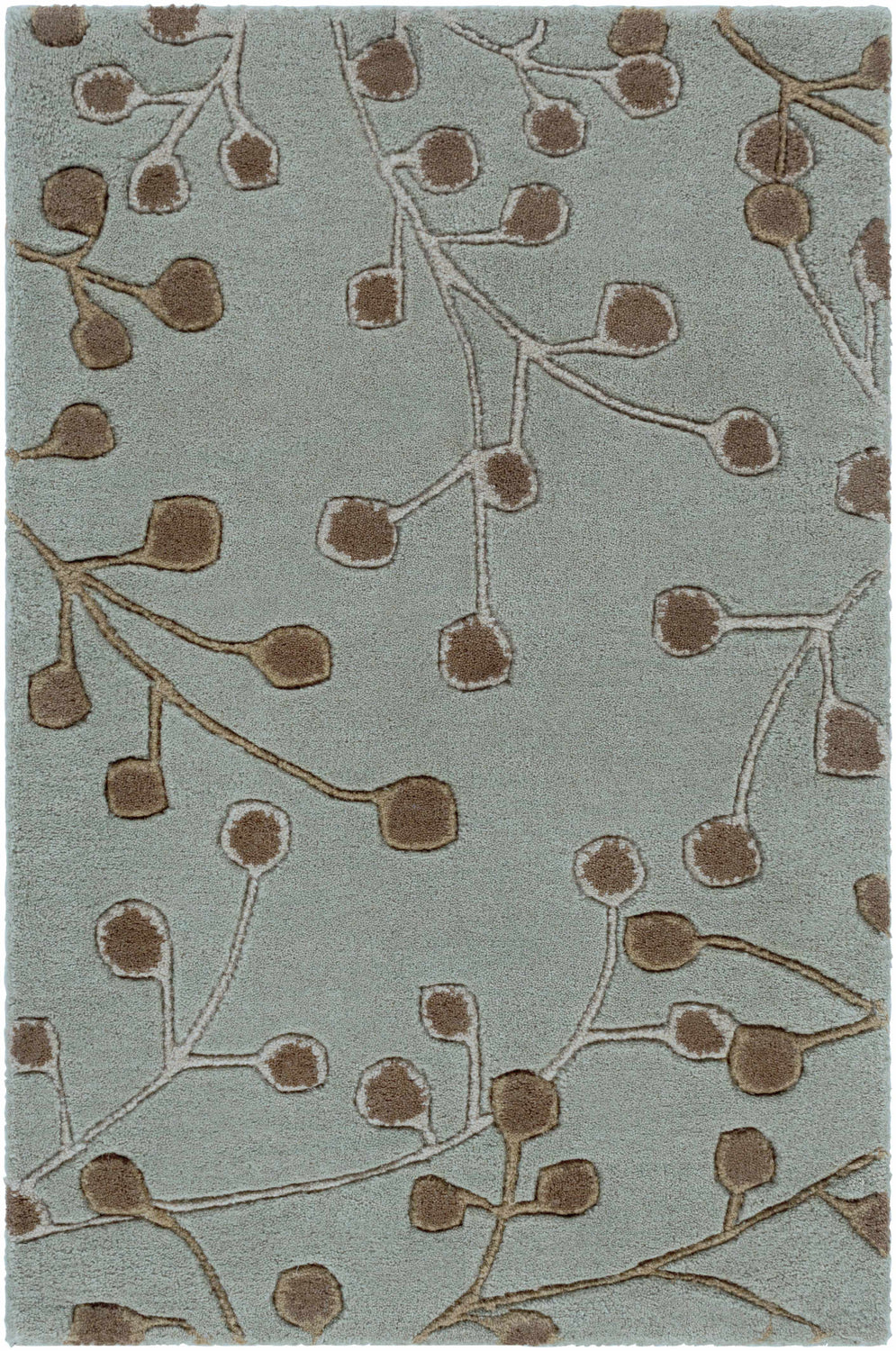 Close-up of the Sage Elsu Area Rug featuring a brown floral branch pattern on a sage green wool texture. Design-Rectangle-23